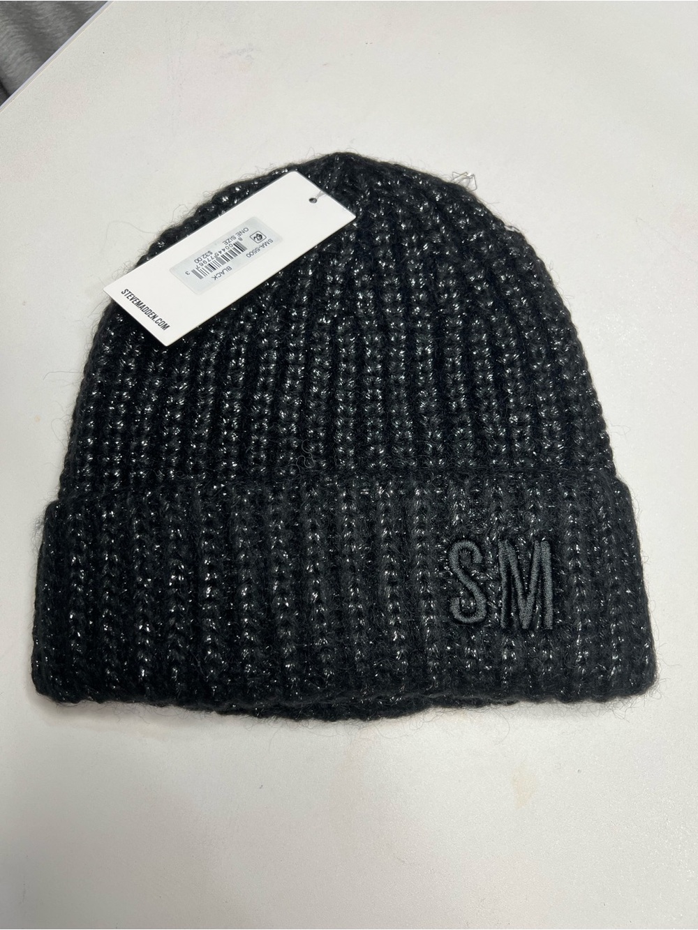 Steve Madden Black Ribbed SM Logo Beanie